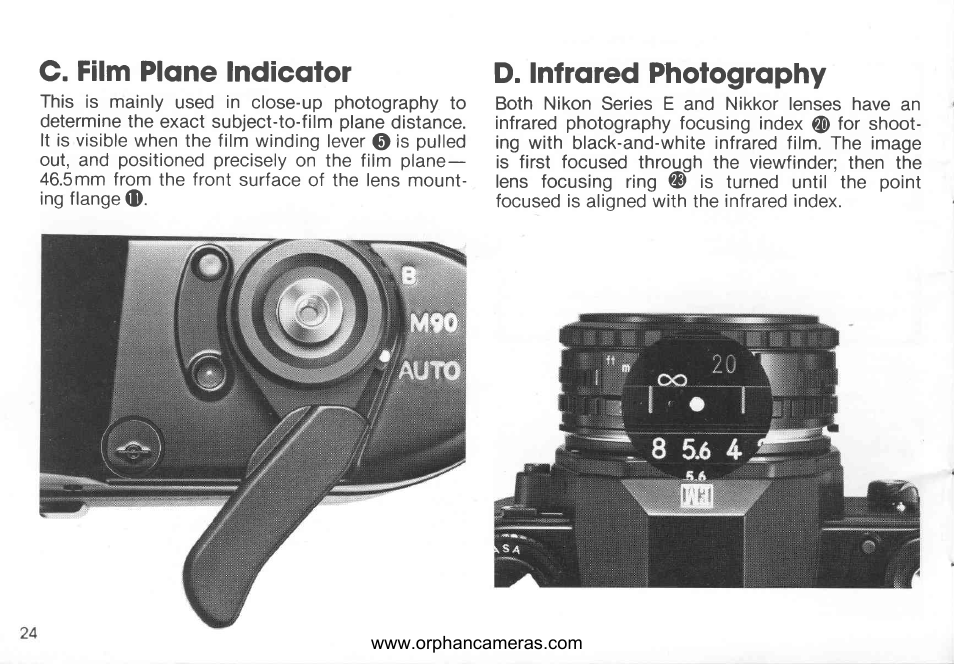 C. film plane indicator, D. infrared photography | Nikon EM User Manual | Page 24 / 34