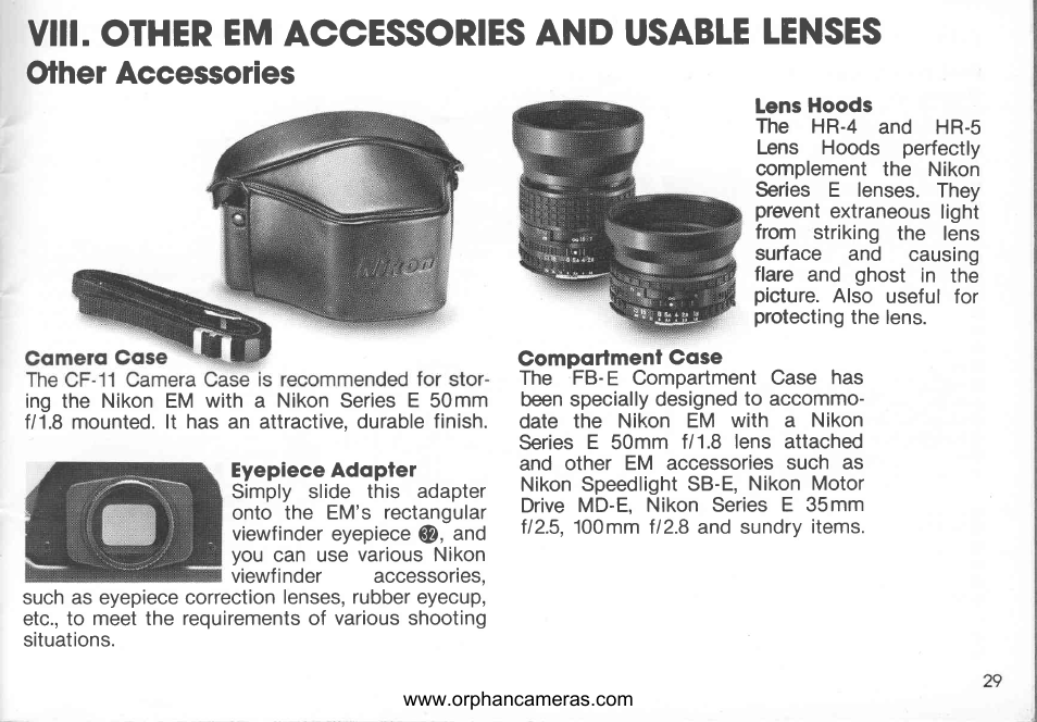 Camera case, Eyepiece adapter, Lens hoods | Compartment case | Nikon EM User Manual | Page 29 / 34