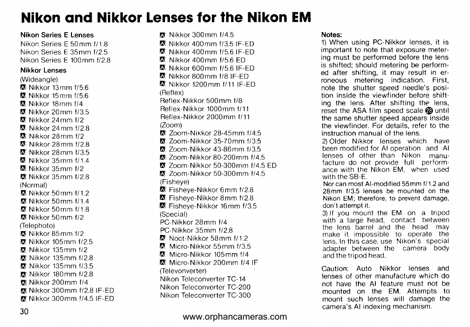 Nikon and nikkor lenses for the nikon em, B. nikon and nikkor lenses for the nikon em | Nikon EM User Manual | Page 30 / 34