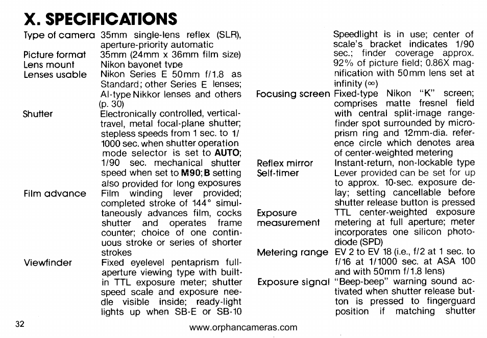 X. specifications, X. specifications -33 | Nikon EM User Manual | Page 32 / 34