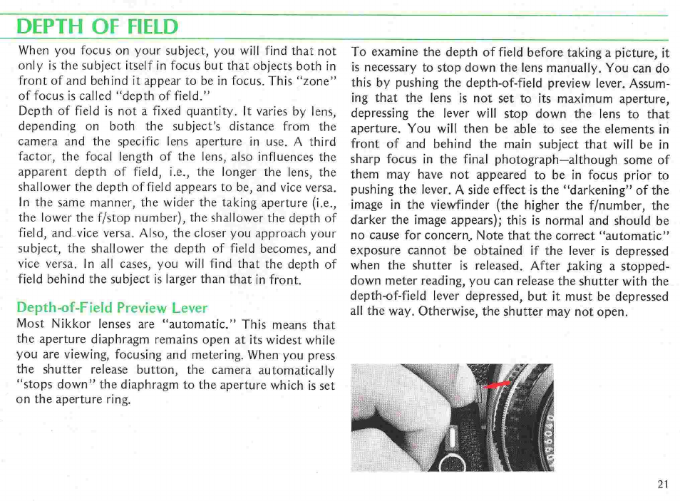 Focusing—continued, Film-plane indicator | Nikon fe User Manual | Page 21 / 49