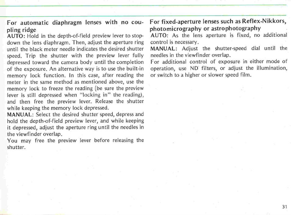 Stop-down exposure mea<iuremenl, Stop-down exposure measurement | Nikon fe User Manual | Page 31 / 49