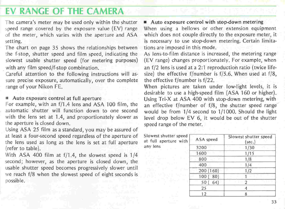 Exposure compensation adjustments | Nikon fe User Manual | Page 33 / 49