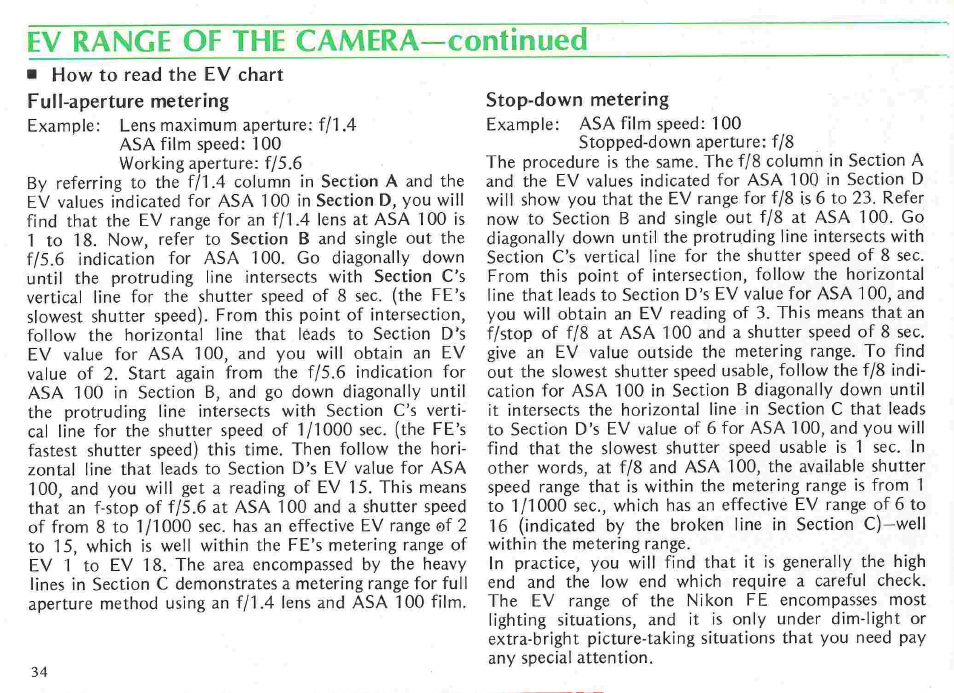 Ev range of the camera | Nikon fe User Manual | Page 34 / 49