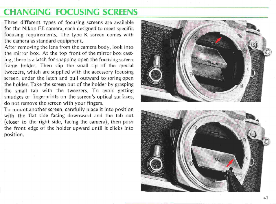 Mounting and removing lenses | Nikon fe User Manual | Page 41 / 49