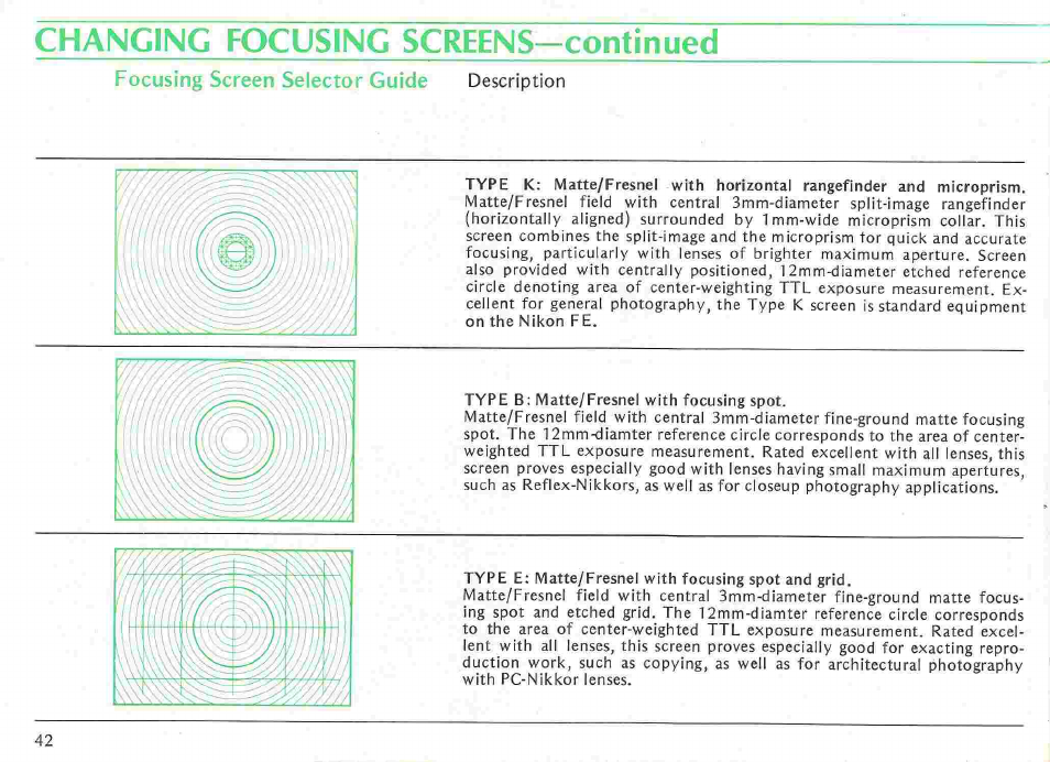 Changing focusing screens | Nikon fe User Manual | Page 42 / 49