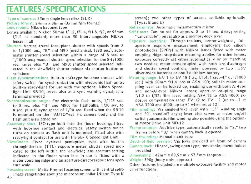 Camera cases, Lens hoods, Filters | Eyepiece correction lenses | Nikon fe User Manual | Page 46 / 49