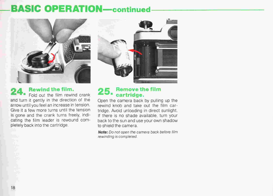 O a push the film advance lever back, Into place, A q press the film rewind button | O a push the film advance lever back into place | Nikon fe2 User Manual | Page 18 / 66