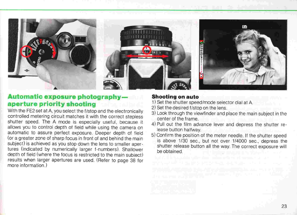 Shutter speed/mode indicator needle, Shutter speed/mode selector dial —21, Controls detail | Continued, Exposure indications | Nikon fe2 User Manual | Page 23 / 66