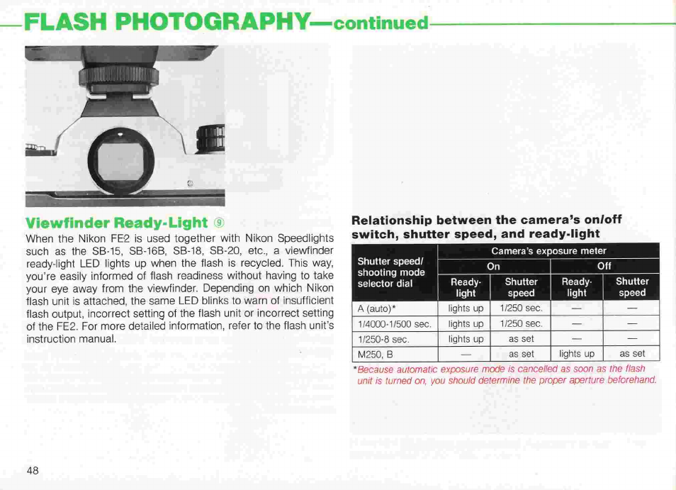 Flash photography—continued, The fe2, provided only with an x-contact | Nikon fe2 User Manual | Page 48 / 66