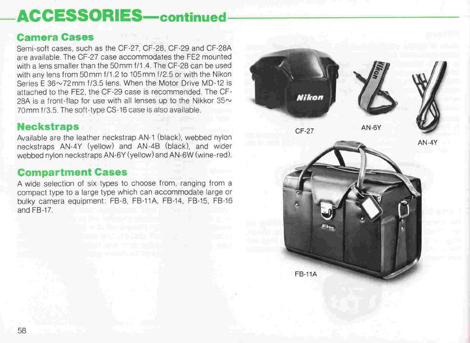 Accessories continued, Right-angle viewing attachment dr-3, Eyepiece magnifier dg-2 | Rubber eyecup, Eyepiece correction lenses | Nikon fe2 User Manual | Page 58 / 66