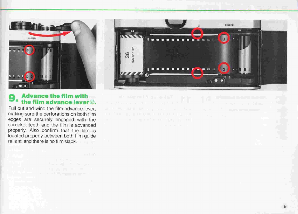 G install the film cartridger, Insert the film leader in the takeup spool m, O engage the film’s | Perforations with the sprocket teeth, Basic operation, Continued | Nikon fe2 User Manual | Page 9 / 66