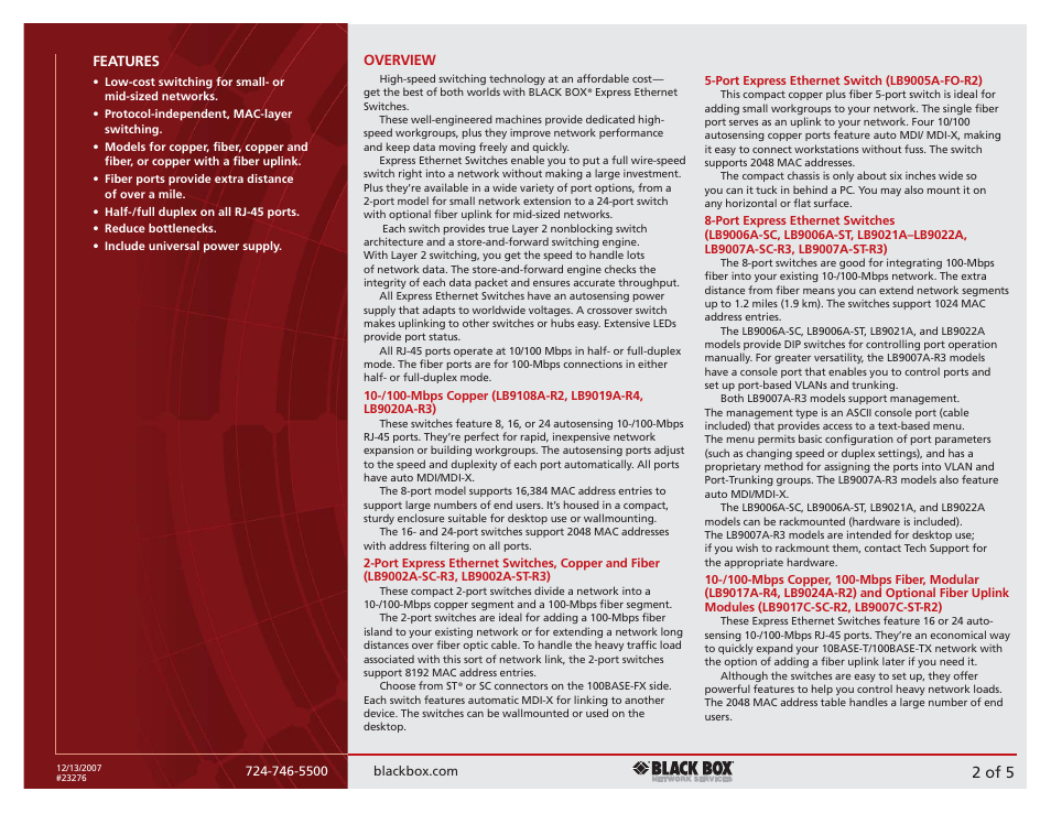 2 of 5, Features, Overview | Black Box 10-/100-Mbps User Manual | Page 2 / 5