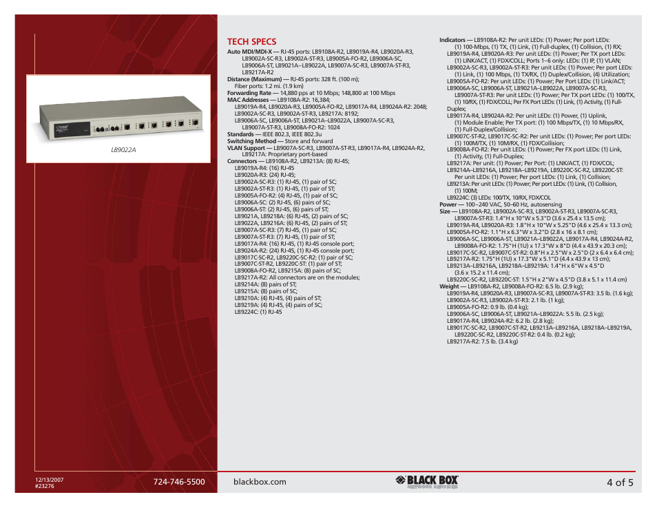 4 of 5, Tech specs | Black Box 10-/100-Mbps User Manual | Page 4 / 5