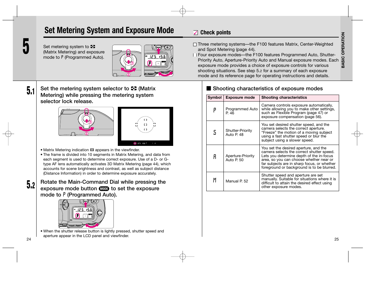 Set metering system and exposure mode | Nikon F100 User Manual | Page 13 / 57