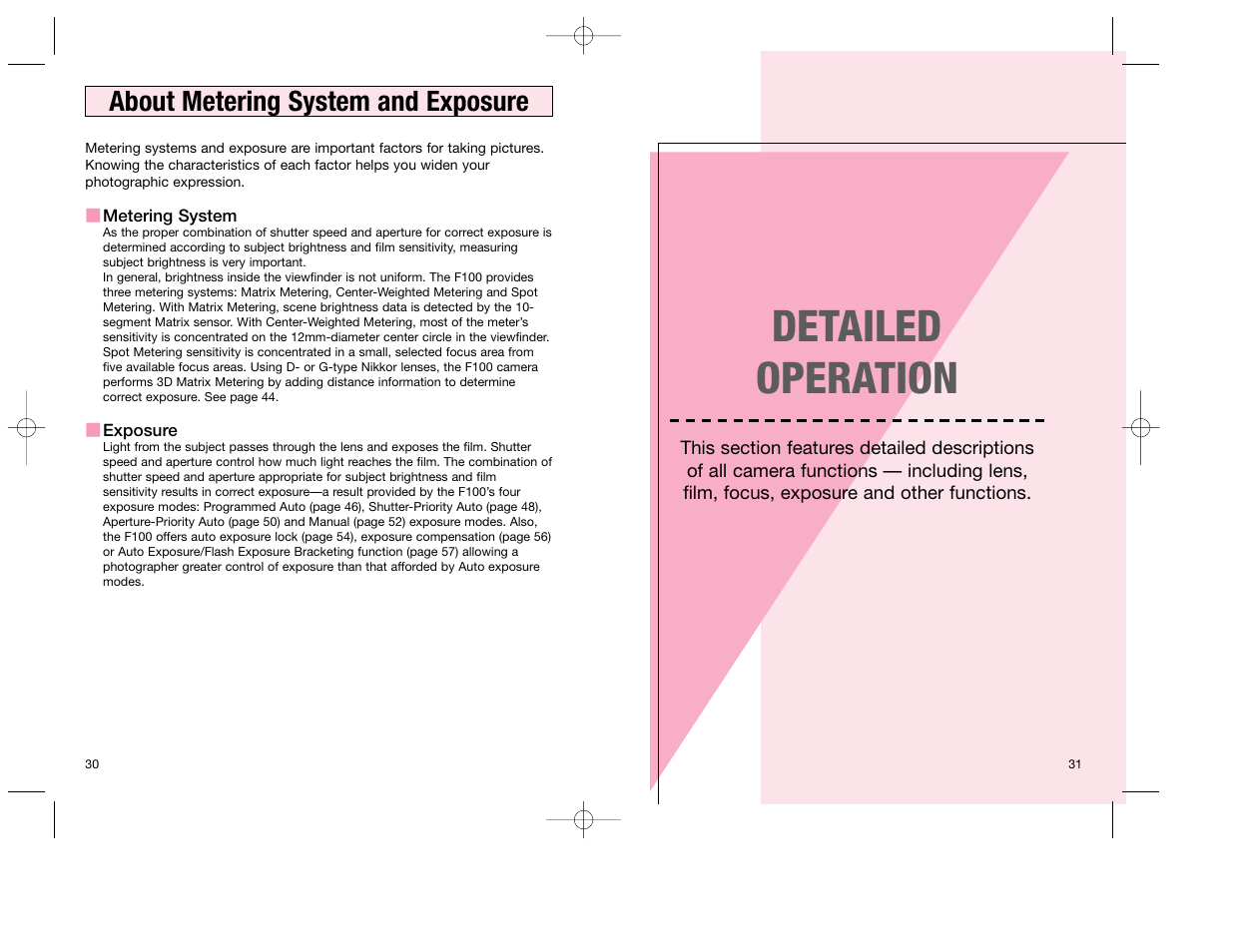 Detailed operation, About metering system and exposure | Nikon F100 User Manual | Page 16 / 57