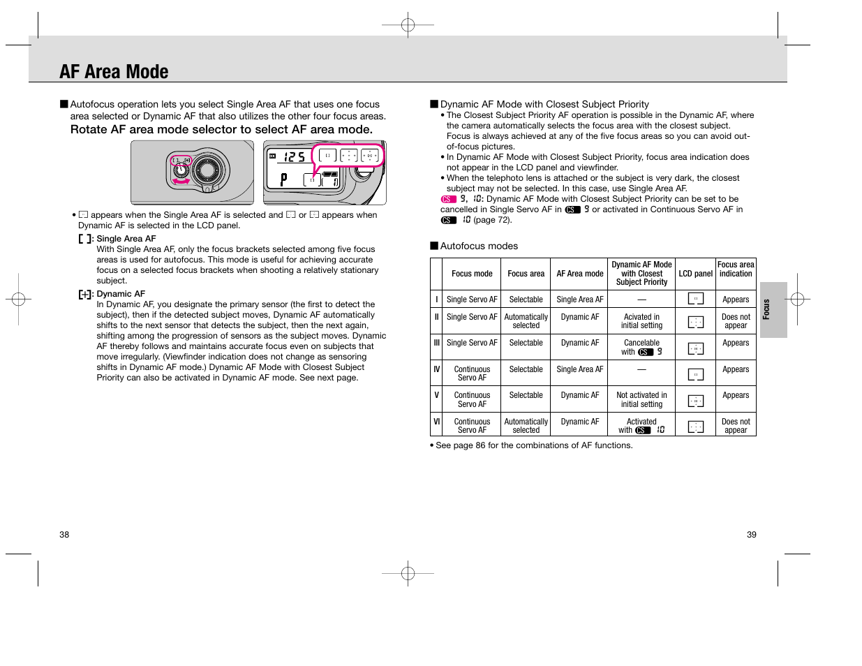 Af area mode | Nikon F100 User Manual | Page 20 / 57
