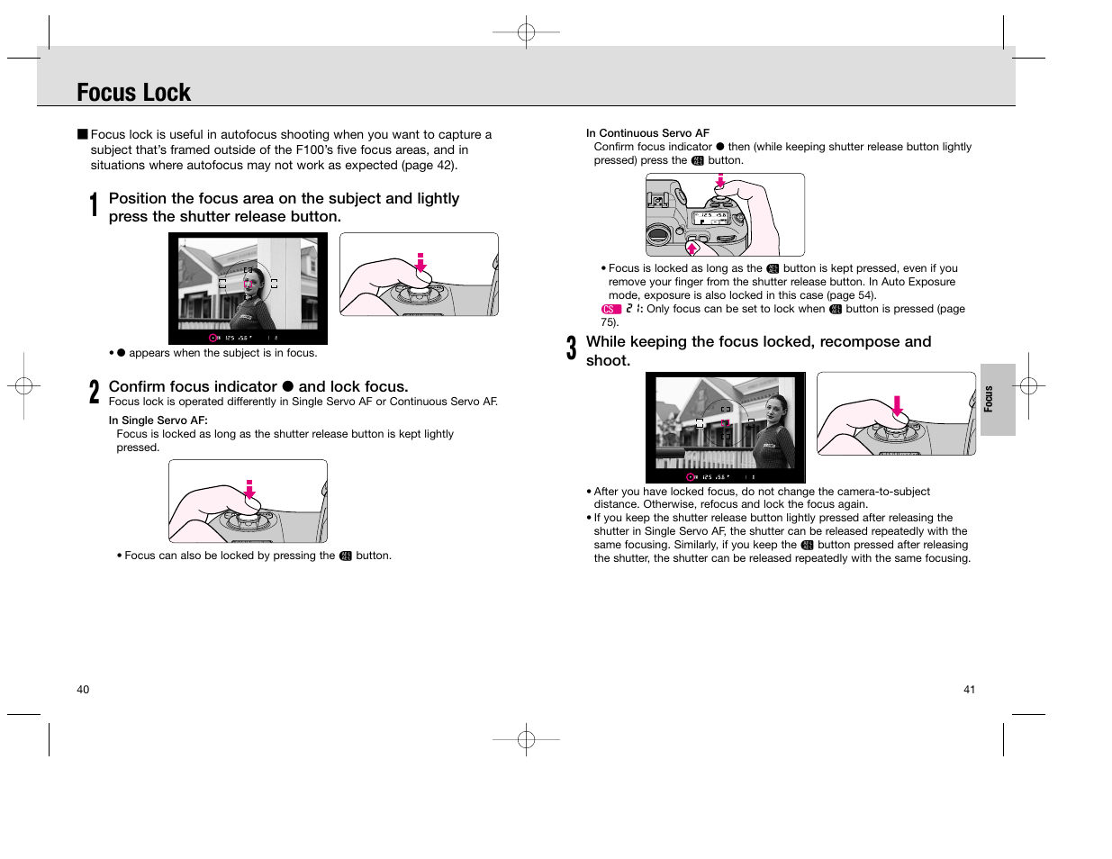 Focus lock | Nikon F100 User Manual | Page 21 / 57