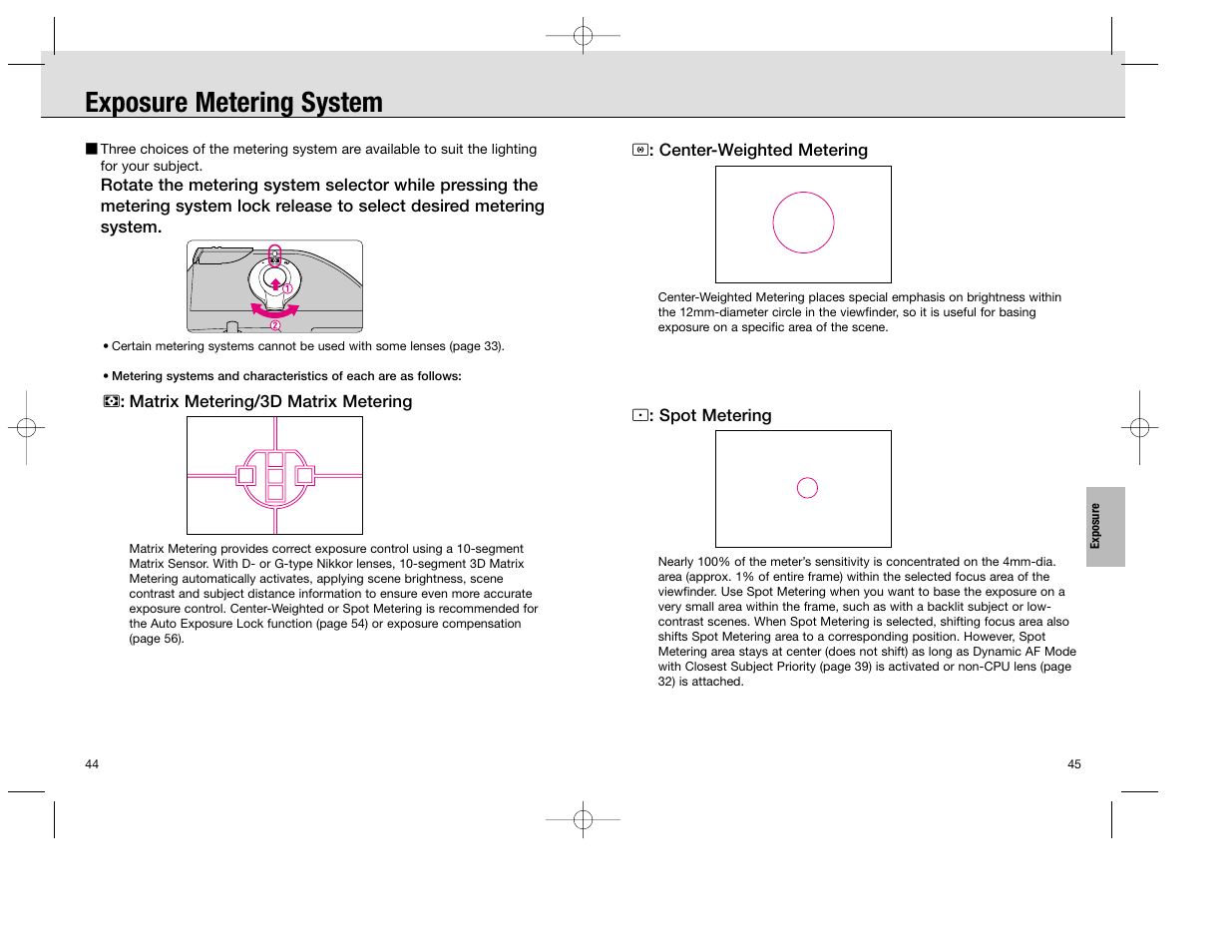 Exposure metering system | Nikon F100 User Manual | Page 23 / 57