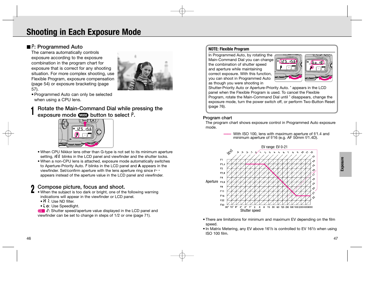 Shooting in each exposure mode | Nikon F100 User Manual | Page 24 / 57