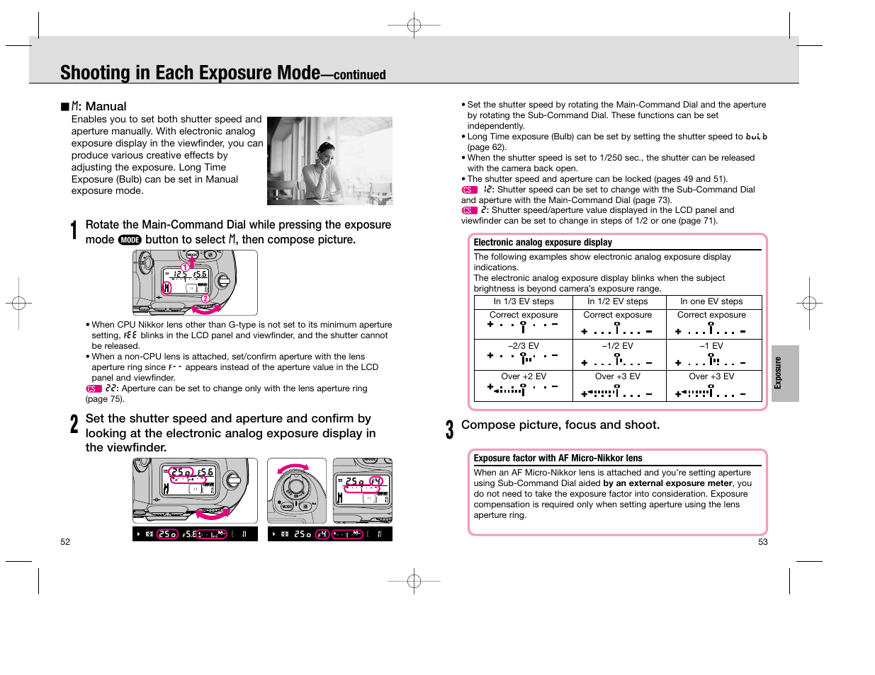 Shooting in each exposure mode | Nikon F100 User Manual | Page 27 / 57