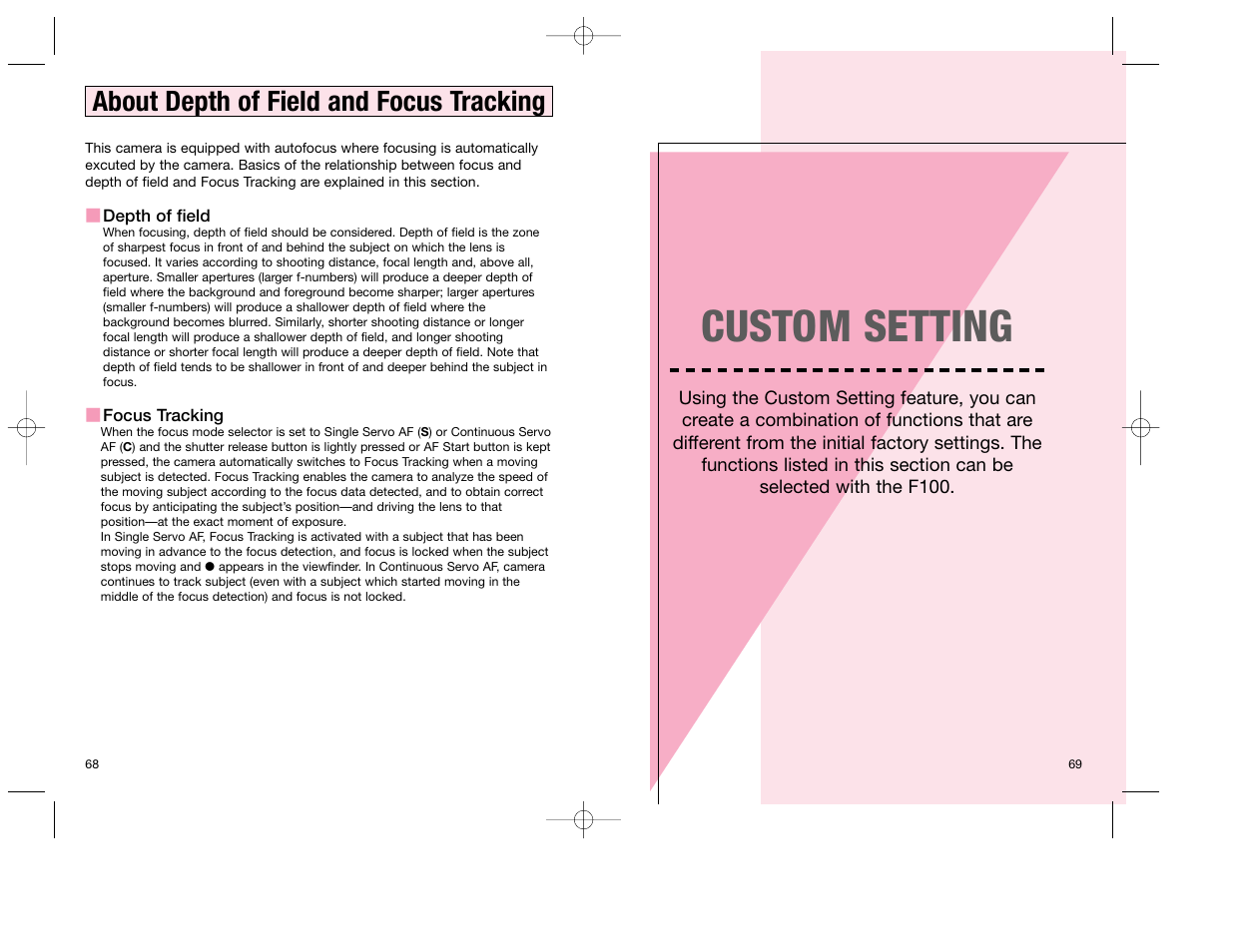Custom setting, About depth of field and focus tracking | Nikon F100 User Manual | Page 35 / 57