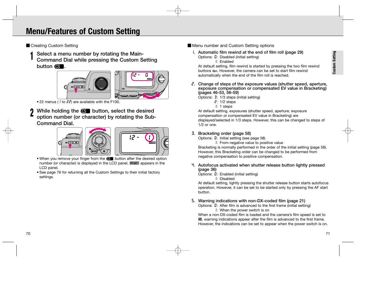 Menu/features of custom setting | Nikon F100 User Manual | Page 36 / 57