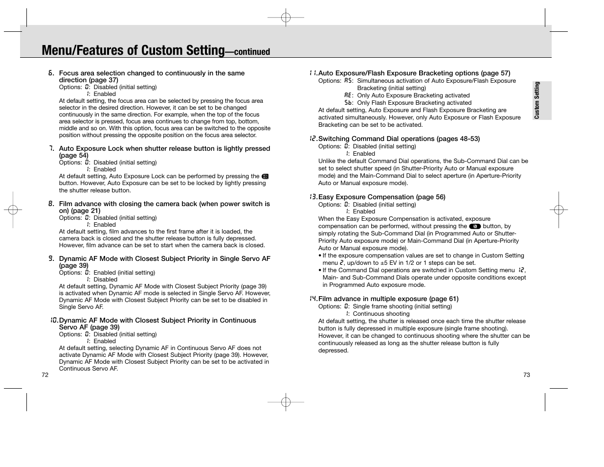 Menu/features of custom setting, Continued | Nikon F100 User Manual | Page 37 / 57