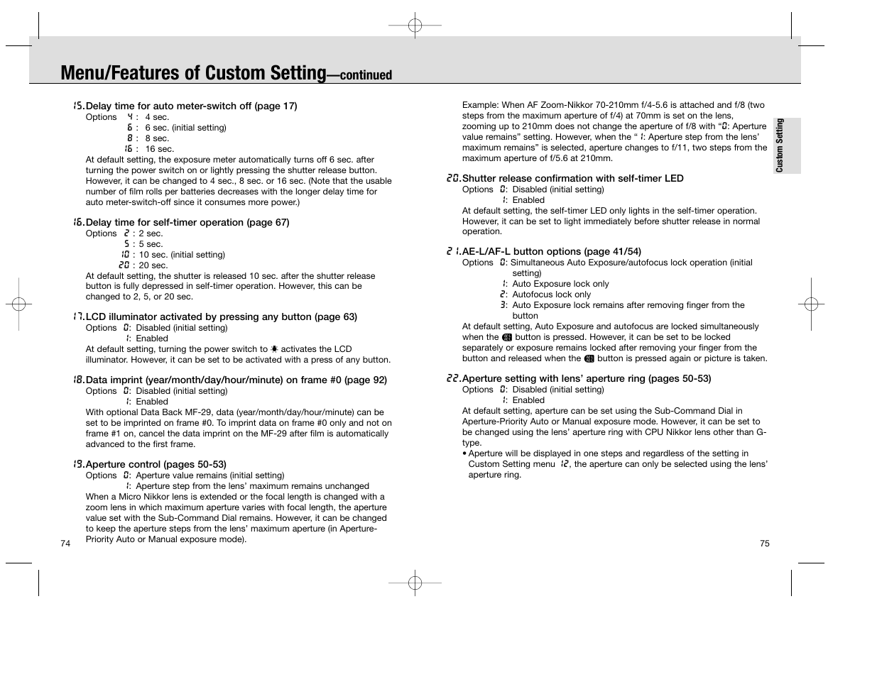 Menu/features of custom setting, Continued | Nikon F100 User Manual | Page 38 / 57