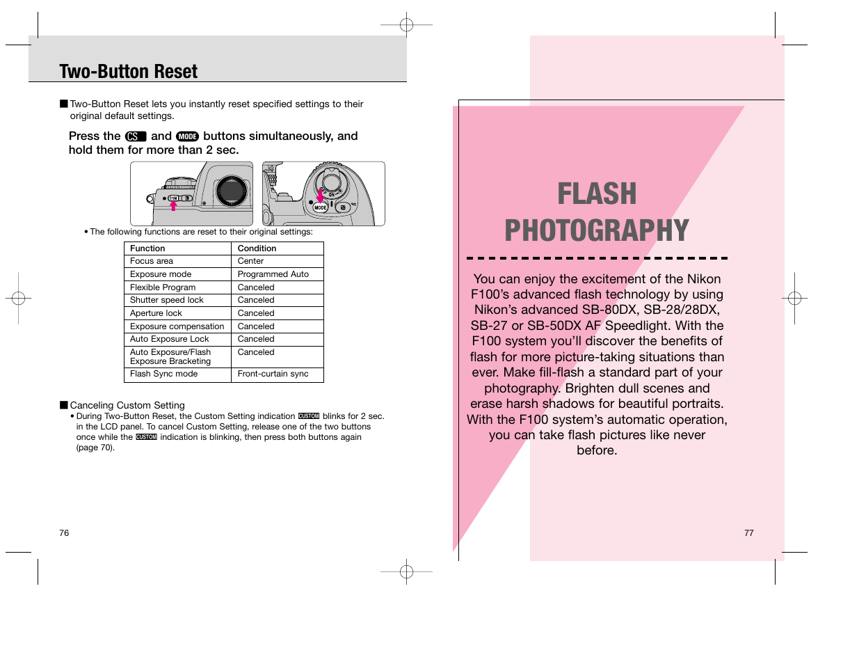 Flash photography, Two-button reset | Nikon F100 User Manual | Page 39 / 57