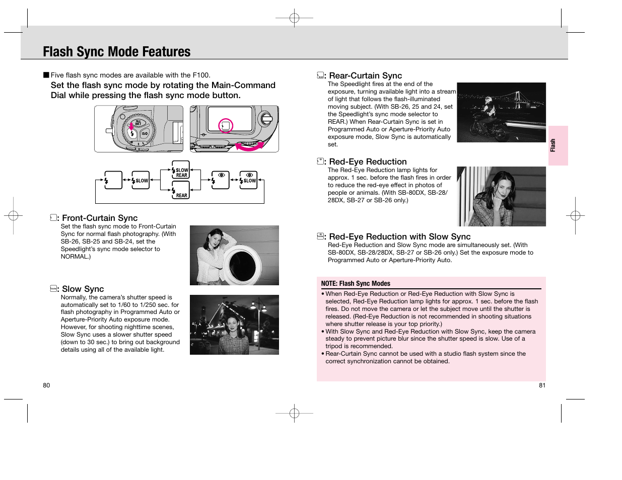 Flash sync mode features | Nikon F100 User Manual | Page 41 / 57