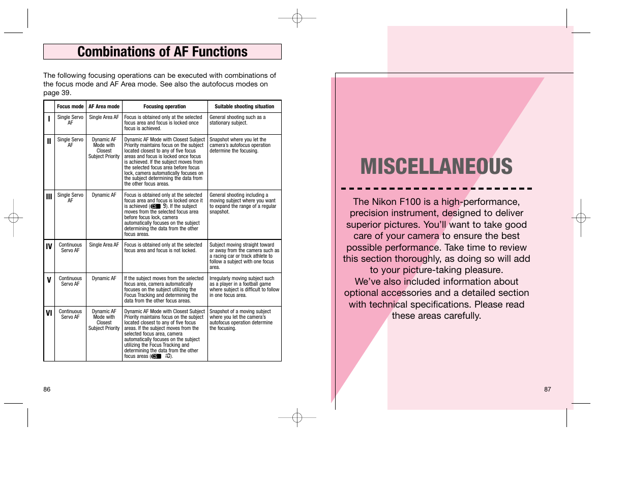 Miscellaneous, Combinations of af functions | Nikon F100 User Manual | Page 44 / 57