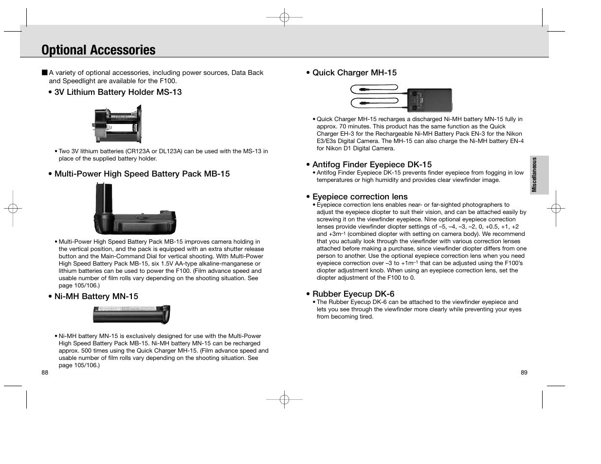 Optional accessories | Nikon F100 User Manual | Page 45 / 57