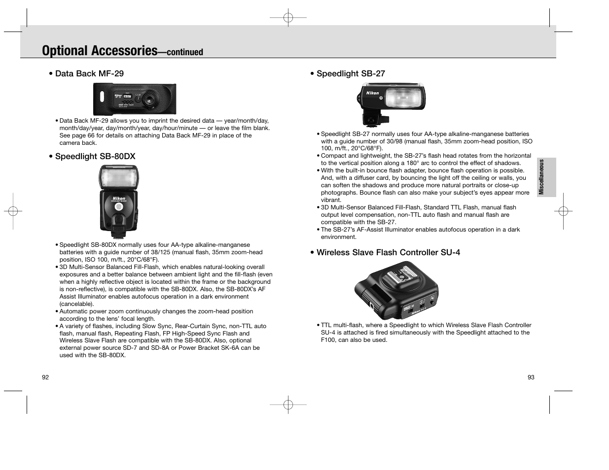 Optional accessories, Continued | Nikon F100 User Manual | Page 47 / 57