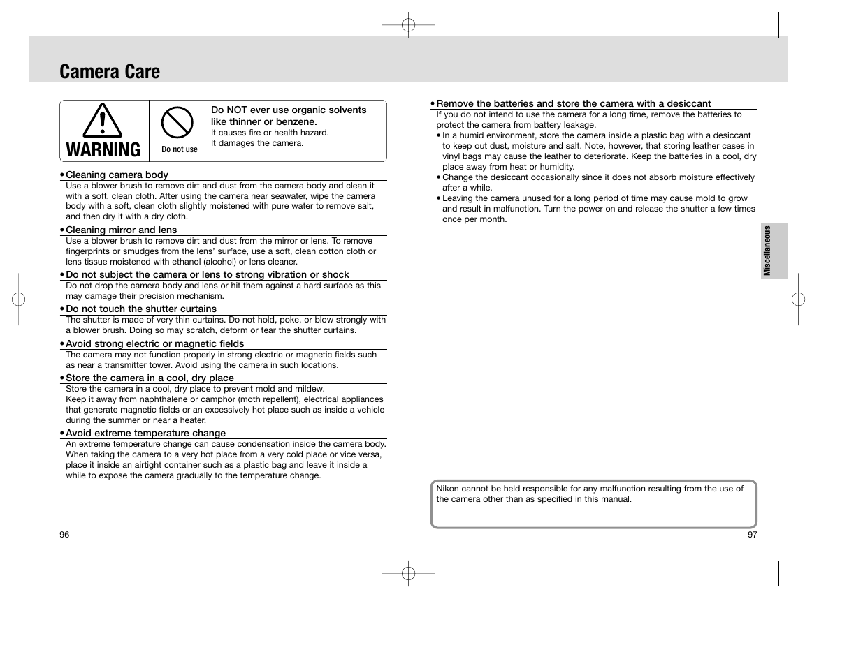 Camera care, Warning | Nikon F100 User Manual | Page 49 / 57