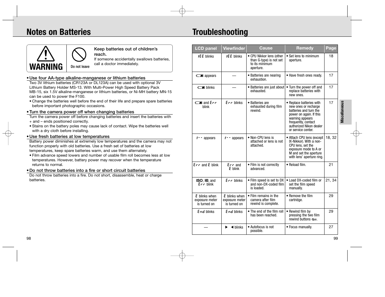 Warning | Nikon F100 User Manual | Page 50 / 57