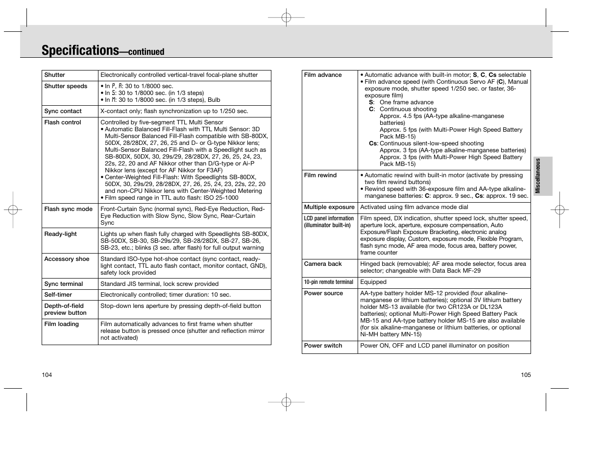 Specifications, Continued | Nikon F100 User Manual | Page 53 / 57