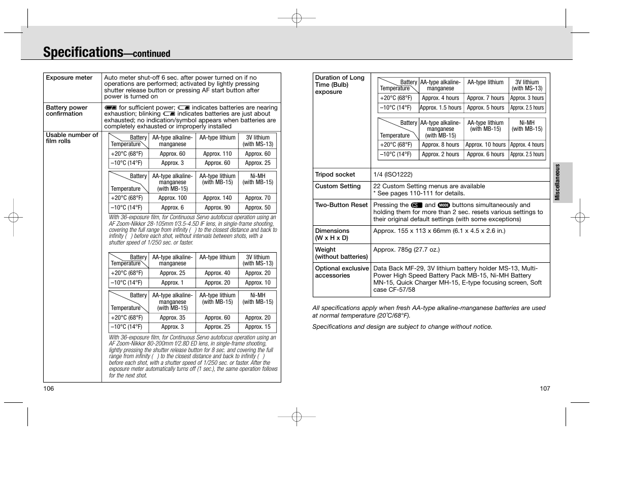 Specifications, Continued | Nikon F100 User Manual | Page 54 / 57