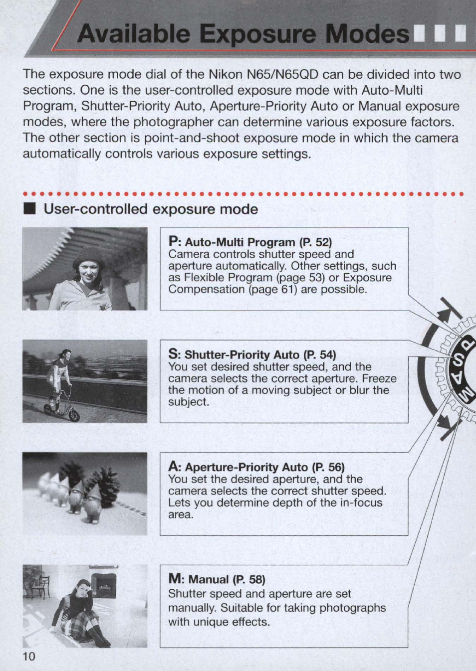 Available exposure modes, User-controlled exposure mode | Nikon n65 User Manual | Page 10 / 116