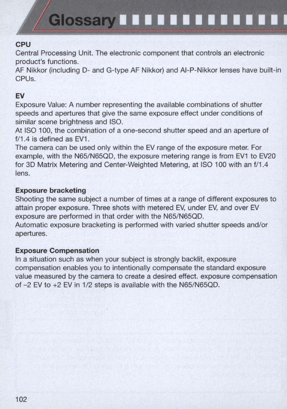 Glc^sary | Nikon n65 User Manual | Page 102 / 116