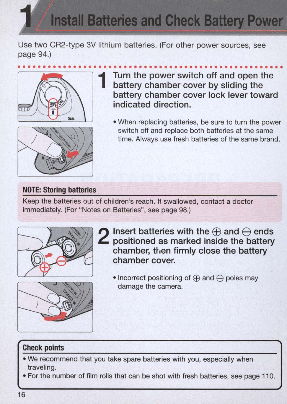 Install batteries and check battery power, Note; storing batteries, Check points | Nikon n65 User Manual | Page 16 / 116