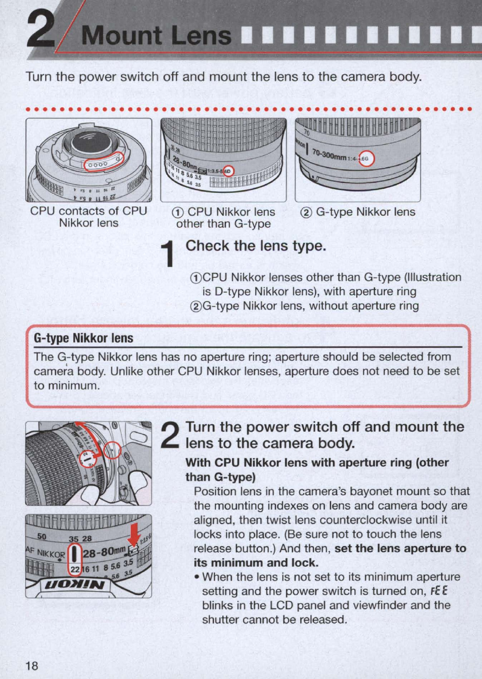 Mount lens, Check the lens type, G-type nikkor lens | Nikon n65 User Manual | Page 18 / 116