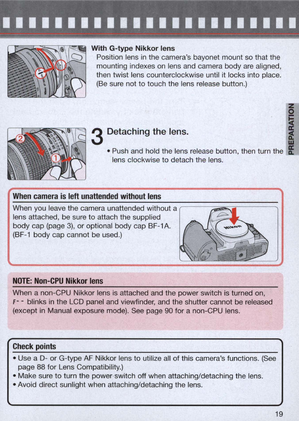 When camera is left unattended without lens, Note: non-cpu nikkor lens, Check points | Detaching the lens | Nikon n65 User Manual | Page 19 / 116