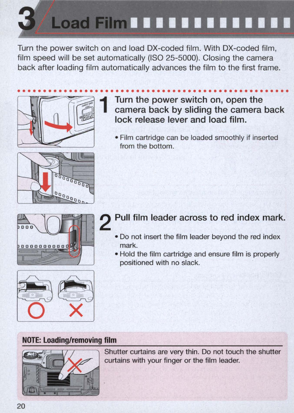 Pull film leader across to red index mark | Nikon n65 User Manual | Page 20 / 116