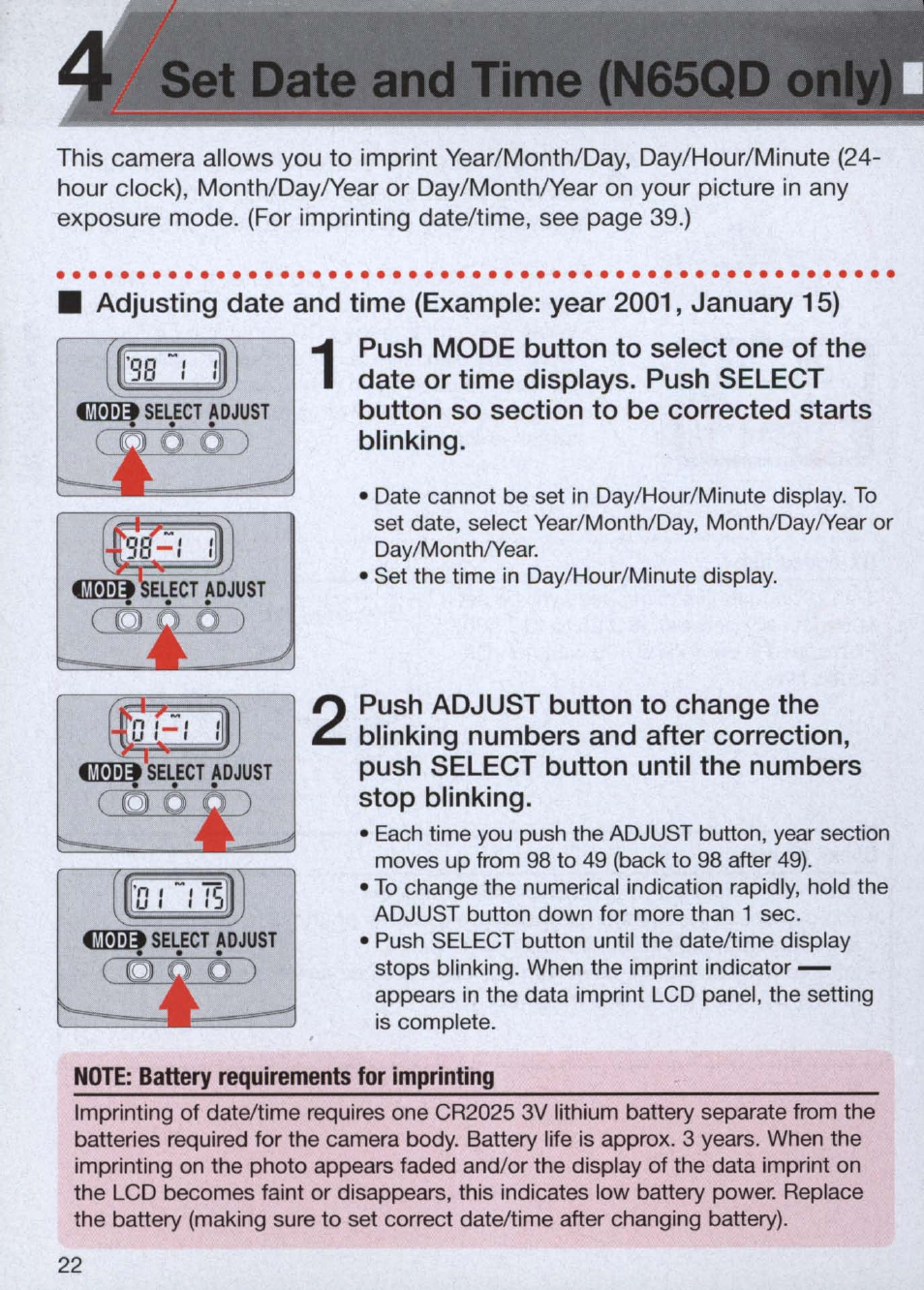 Set date and time (n65qd ohly)fl, Note: battery requirements for imprinting | Nikon n65 User Manual | Page 22 / 116