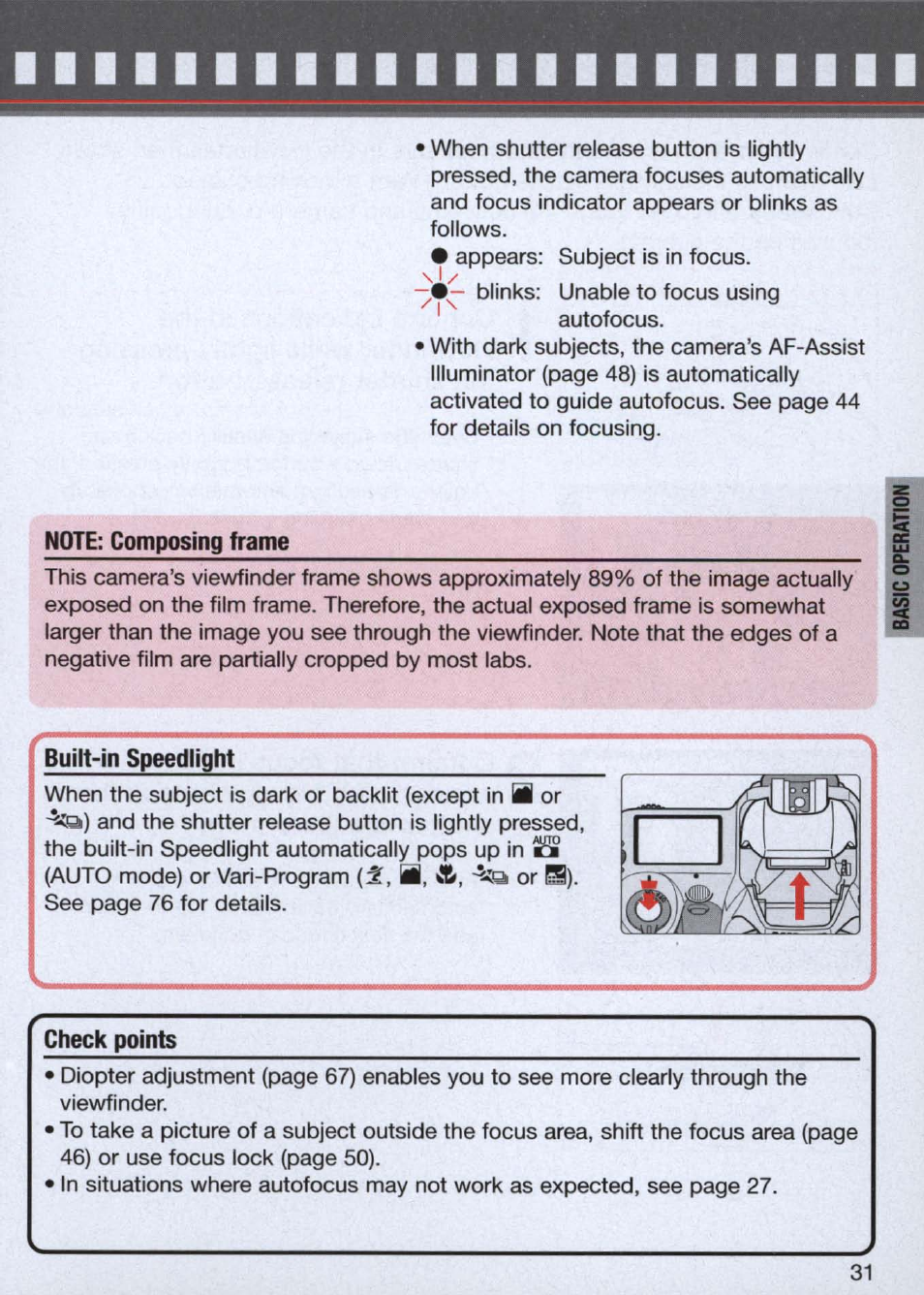 Note: composing frame, Built-in speedlight | Nikon n65 User Manual | Page 31 / 116