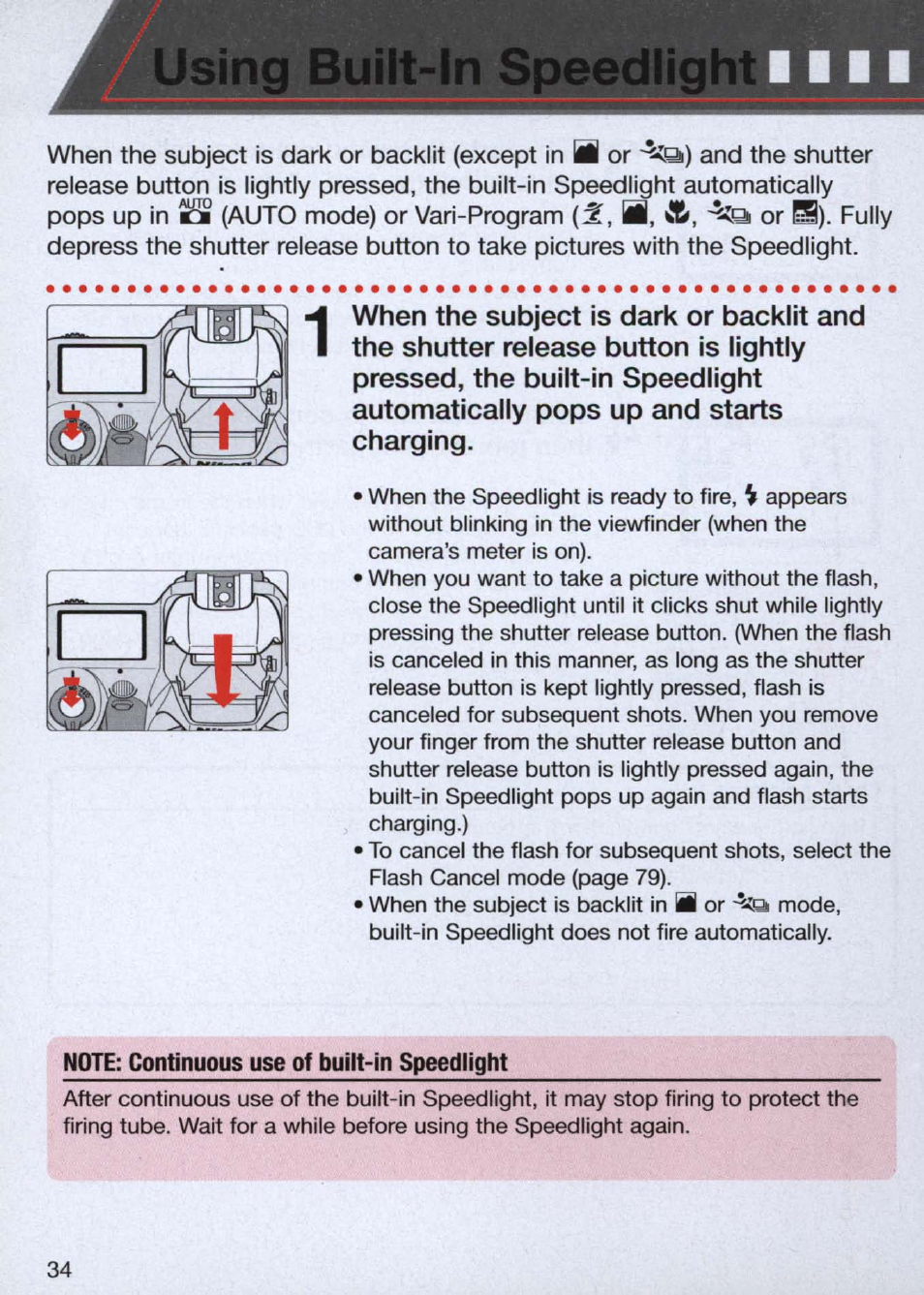 Note: continuous use of built-in speedlight | Nikon n65 User Manual | Page 34 / 116