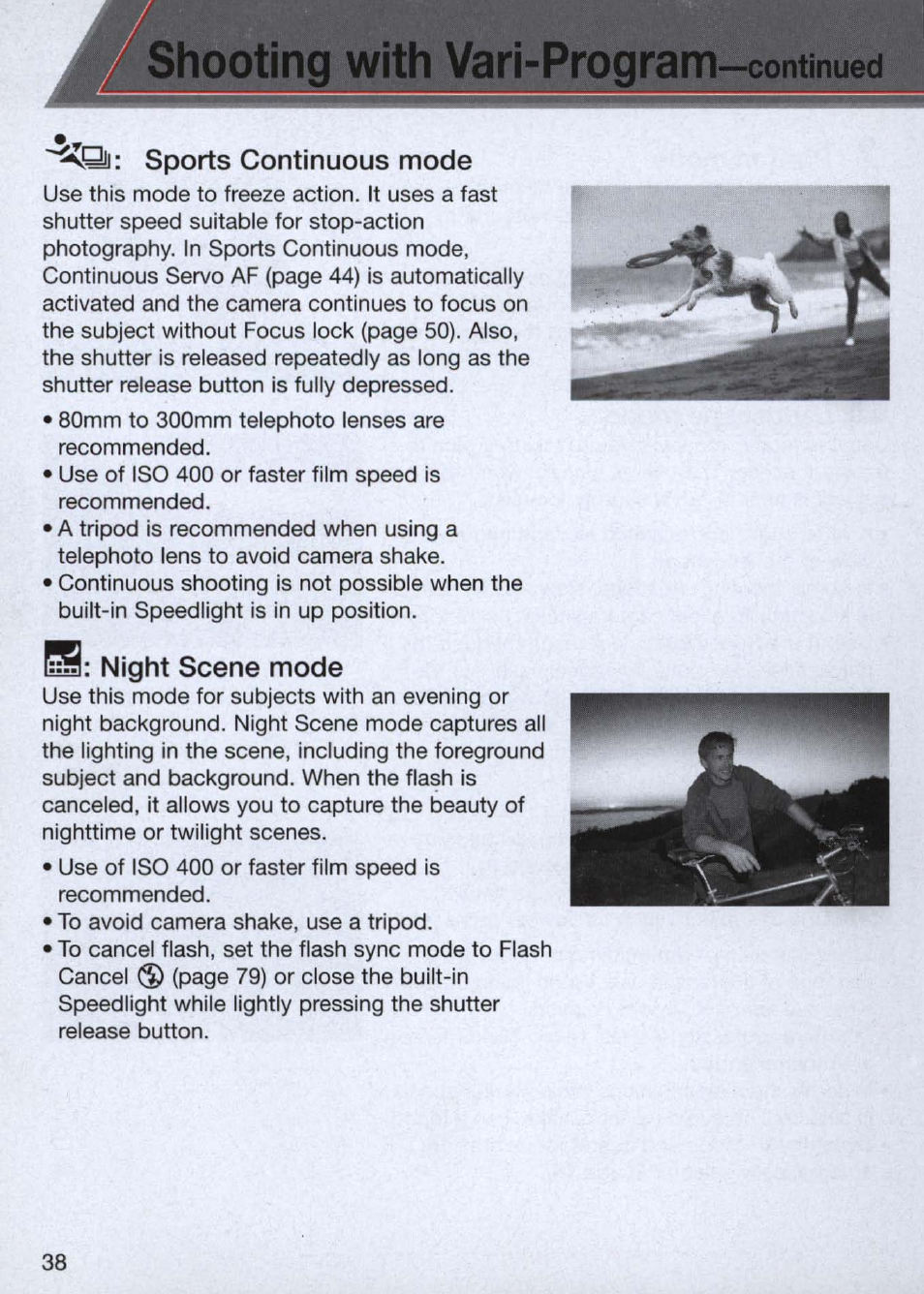 Shooting with vari-program ■^continued, Sports continuous mode, Night scene mode | Shooting with vari-program, Continued | Nikon n65 User Manual | Page 38 / 116