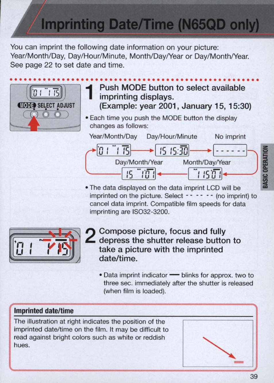 Imprinting date/time (n65qd only) | Nikon n65 User Manual | Page 39 / 116