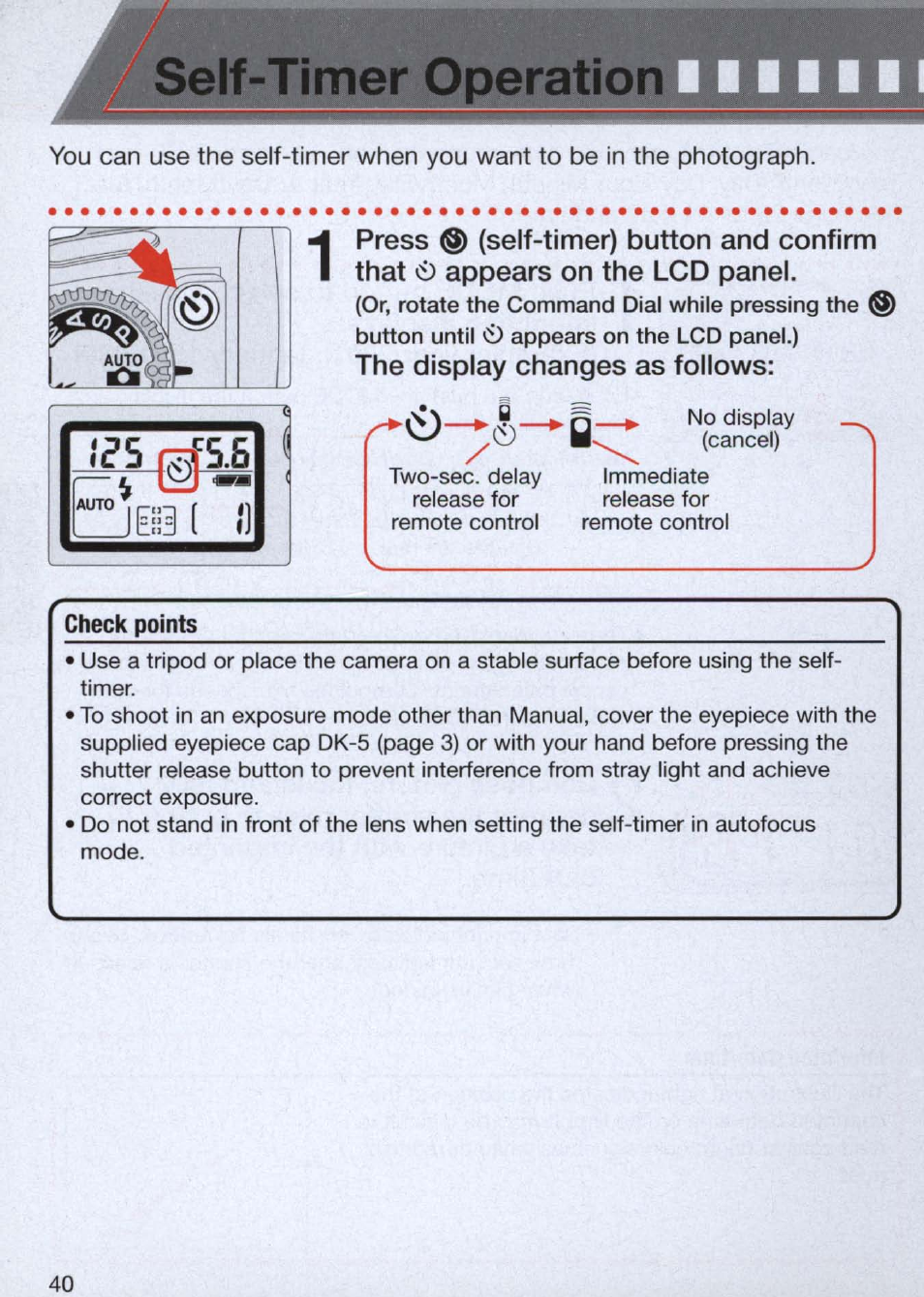 Self-timer pperatio, The display changes as follows, Check points | Nikon n65 User Manual | Page 40 / 116